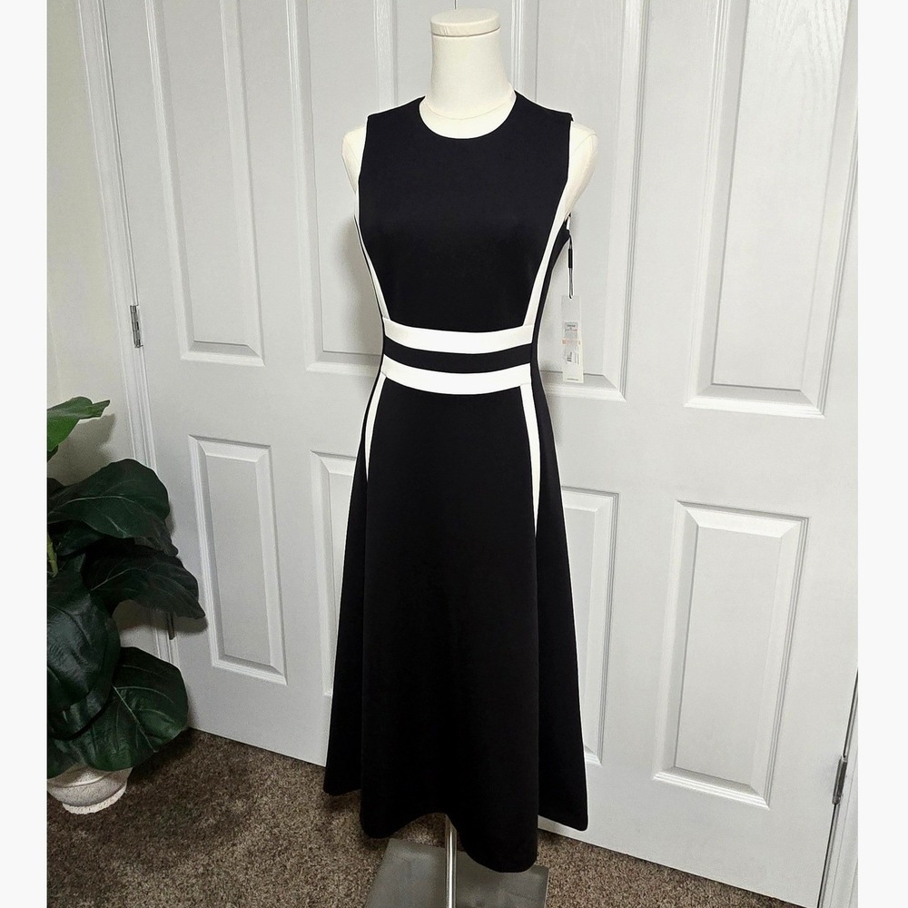 Calvin Klein Midi Dress Women 2 Black White Colorblock Scuba Fit Flare CD9M1D68